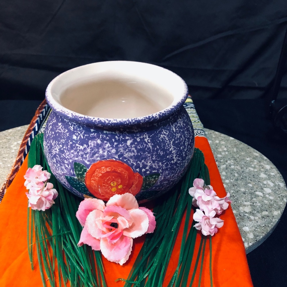 Source Unknown Purple Speckled Ceramic Planter with Orange Floral Motif